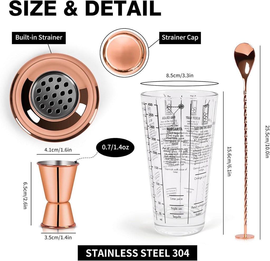 14oz Glass Cocktail Shaker Set, Margarita Mixer-Shaker with Built-in Strainer and Measuring Jigger & Mixing Spoon - Set of 3