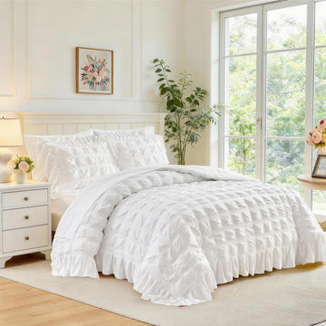 White Plaid Seersucker Comforter Set with Ruffled Fringe, 3 Pieces Soft Fluffy Farmhouse Bedding Set for