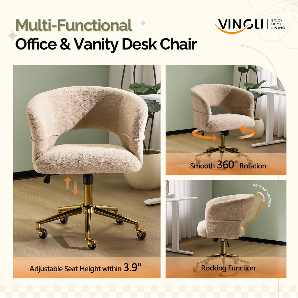 Modern Curved Office & Vanity Desk Chair, Cute Upholstered Nail Chair with Wheels & 360° Swivel & Club & Tilting &