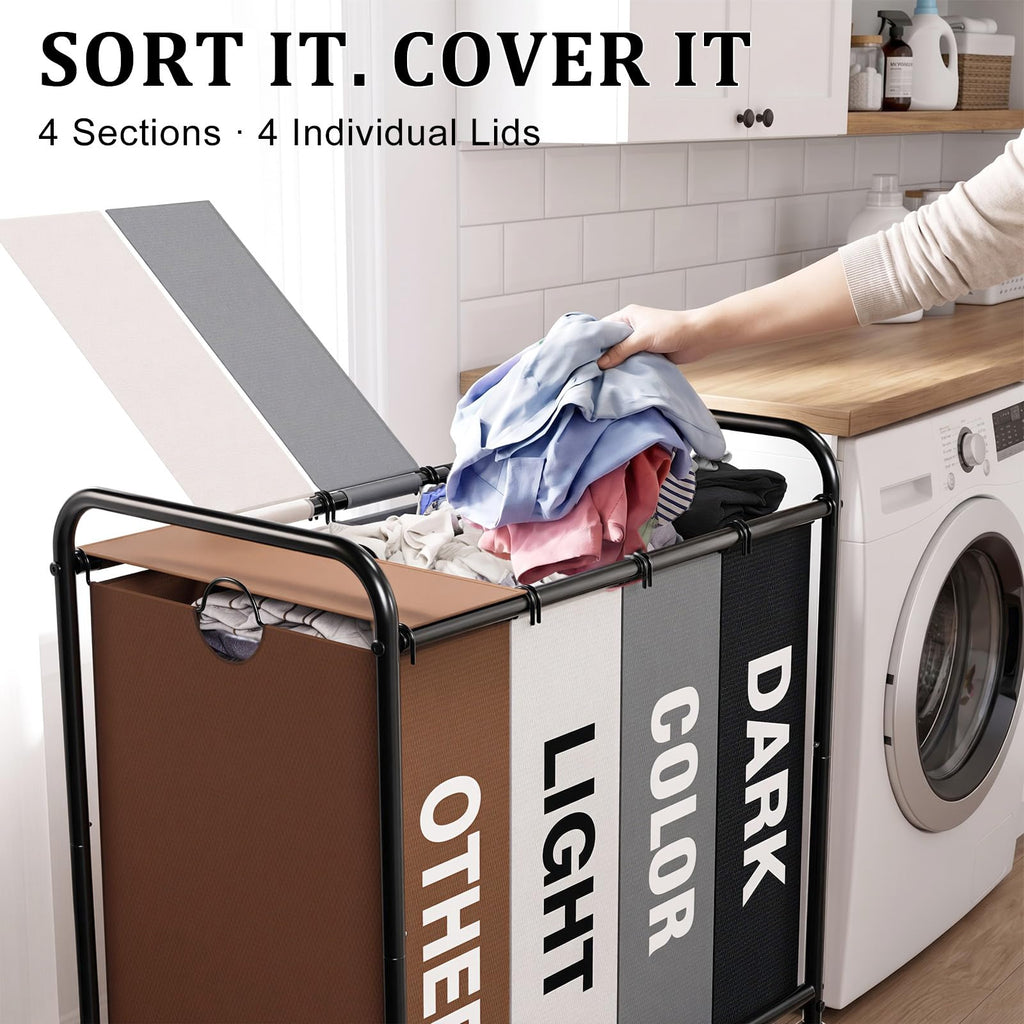 Laundry Sorter 4 Section with Lockable Wheels and Lid Multicolor