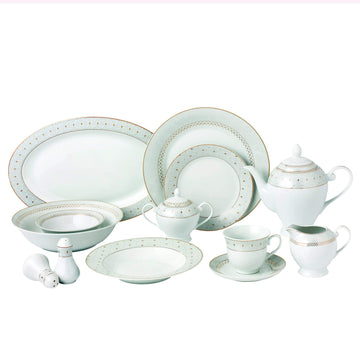 57Piece Gold Border Porcelain Dinnerware Set-Service For 8-Carlotta-Mix & Match