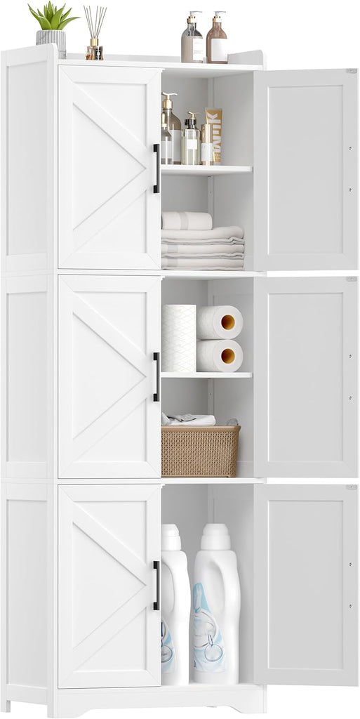 Tall Bathroom Floor Cabinet with 6 Barn Door 60.2''H Pantry White | 11.6''D x 22.6''W Linen Storage Cabinet with