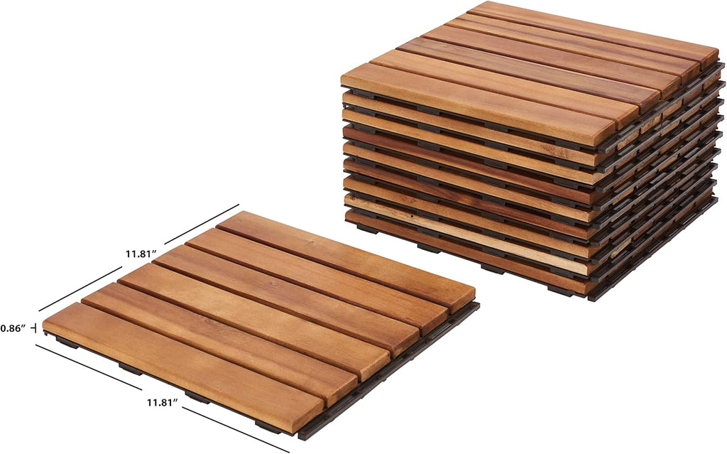 Outdoor Collection Osaka Natural Acacia Wood 6-Slat Interlocking Floor Tile Patio Deck 12 x 12-inch (Set of 10)