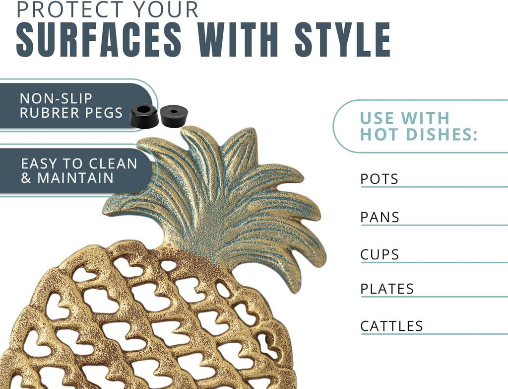 Cast Iron Pineapple Trivet - 5.9"×9" - Rubber Pegs Included