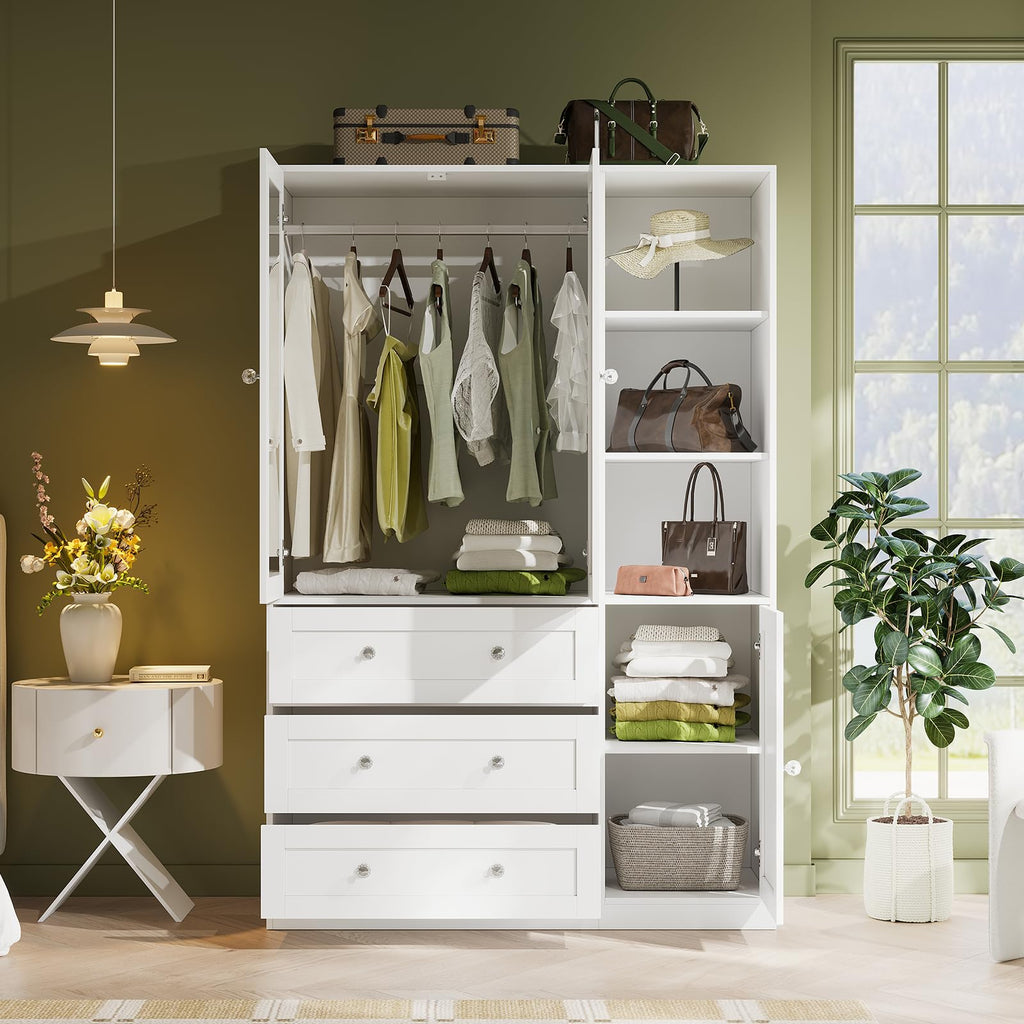 71"H Armoire Wardrobe Closet with Mirror and Open Shelves (1, White)