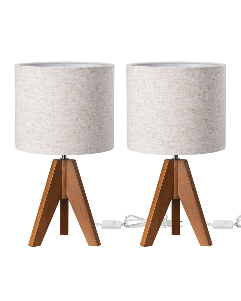 Small Table Lamp, Wooden Tripod Nightstand Lamp, 14.2", 2 Pack