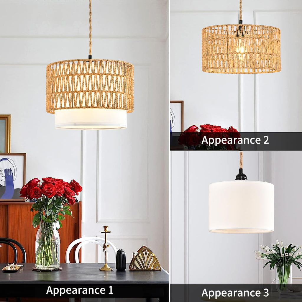 Boho Plug in Pendant Light Rattan Hanging Lights with Plug in Cord, Indoor Hanging Lamp with Dimmer Switch, Wicker