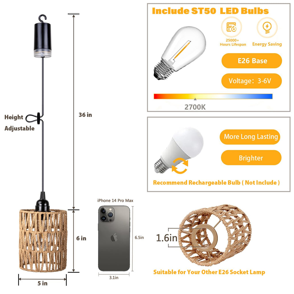 Battery Operated Chandelier, Battery Hanging Pendant Light, Rattan Lights with Warm White Bulb, 4*AA Battery Powered
