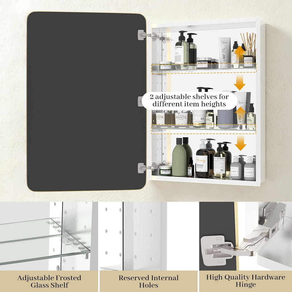 Bathroom Medicine Cabinet with Mirror, 24x36 Inch Gold Recessed Medicine Cabinet with Round Corner Aluminum Alloy