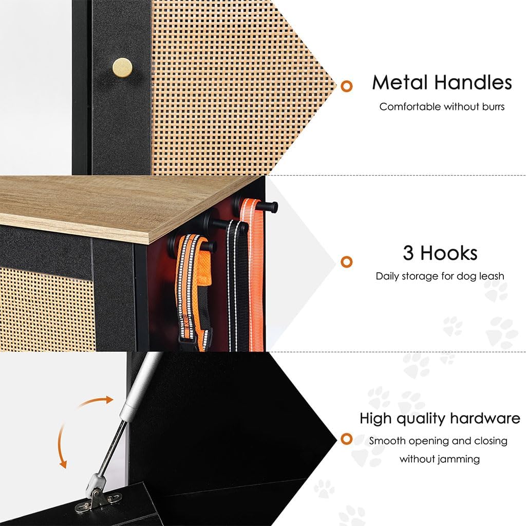 Pet Feeder Station Storage Cabinet, Hidden Pet Feeder Station with 2 Elevated Dog Bowls and Side Hooks, Cat Feeding