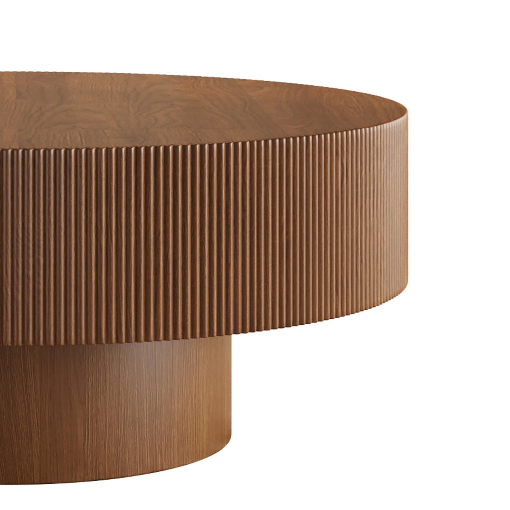 31.5" Round Fluted Coffee Table, Modern Wood Circle Drum Center Table, Accent Side Table with Sturdy Pedestal, Walnut