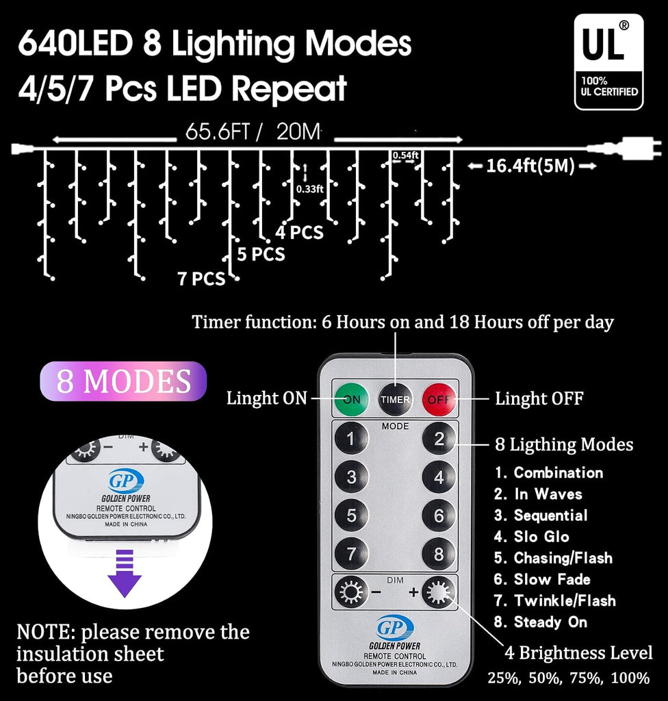 Warm White Christmas Icicle String Lights - 65.6 FT with 120 Drops, 8 Light Modes for Outdoor Decorations - Wedding