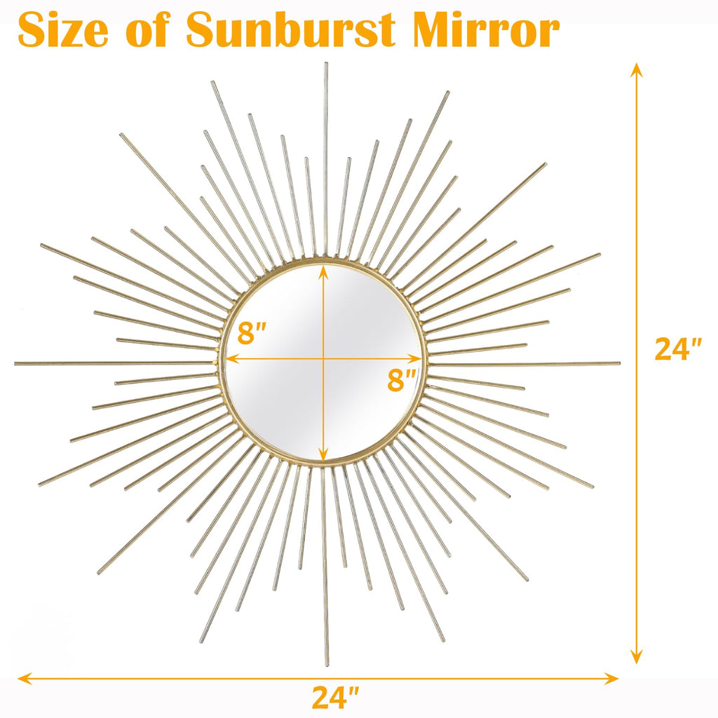 24'' Large Gold Sunburst Mirror, Metal Starburst Mirrors, Mid-Century Modern Sun Mirror Wall Decor, and Entryway