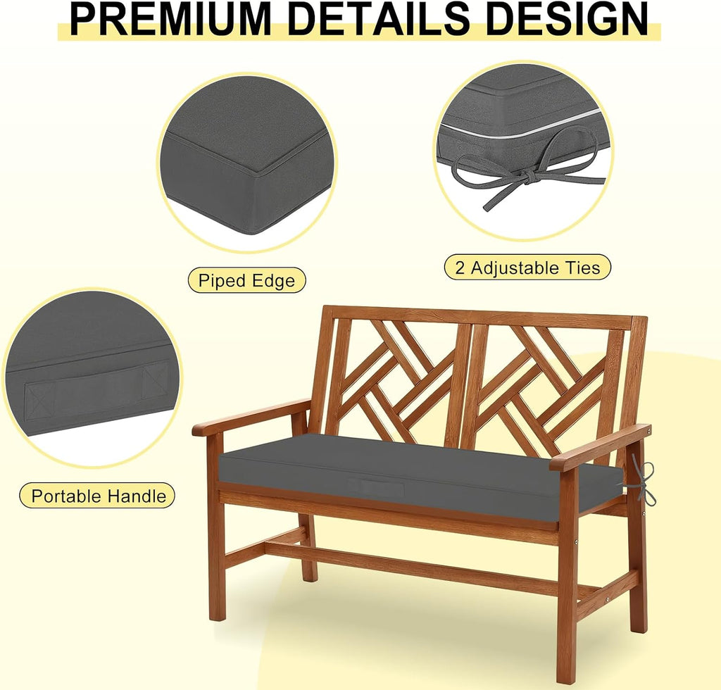 Outdoor Bench Cushion Waterproof, 48 x 18 Inch Patio Furniture Cushions with Adjustable Ties & Portable Handle, Porch