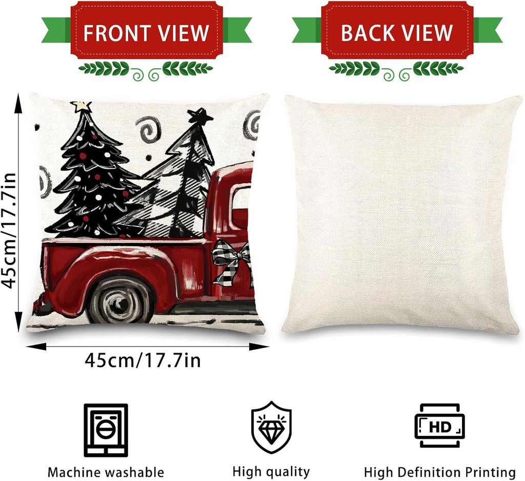 Christmas Pillow Covers 18x18 Inch Red Pillow Covers Xmas Decorations Buffalo Tree Truck Merry Christmas Pillows - Set of 4