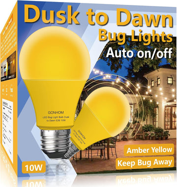 Dusk to Dawn Bug Light Bulb Outdoor,2 Pack Amber Bug Light Bulb,Auto On/Off,10W(100W Equivalent),E26 Base,Bug Lights