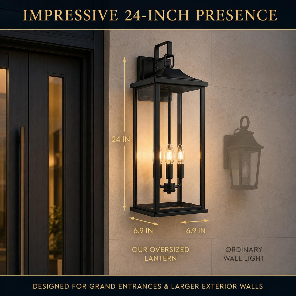 24 Inch 1 Pack Outdoor Wall Sconce, 3-Light Candelabra Exterior Porch Light with Clear Glass, Matte Black Finish