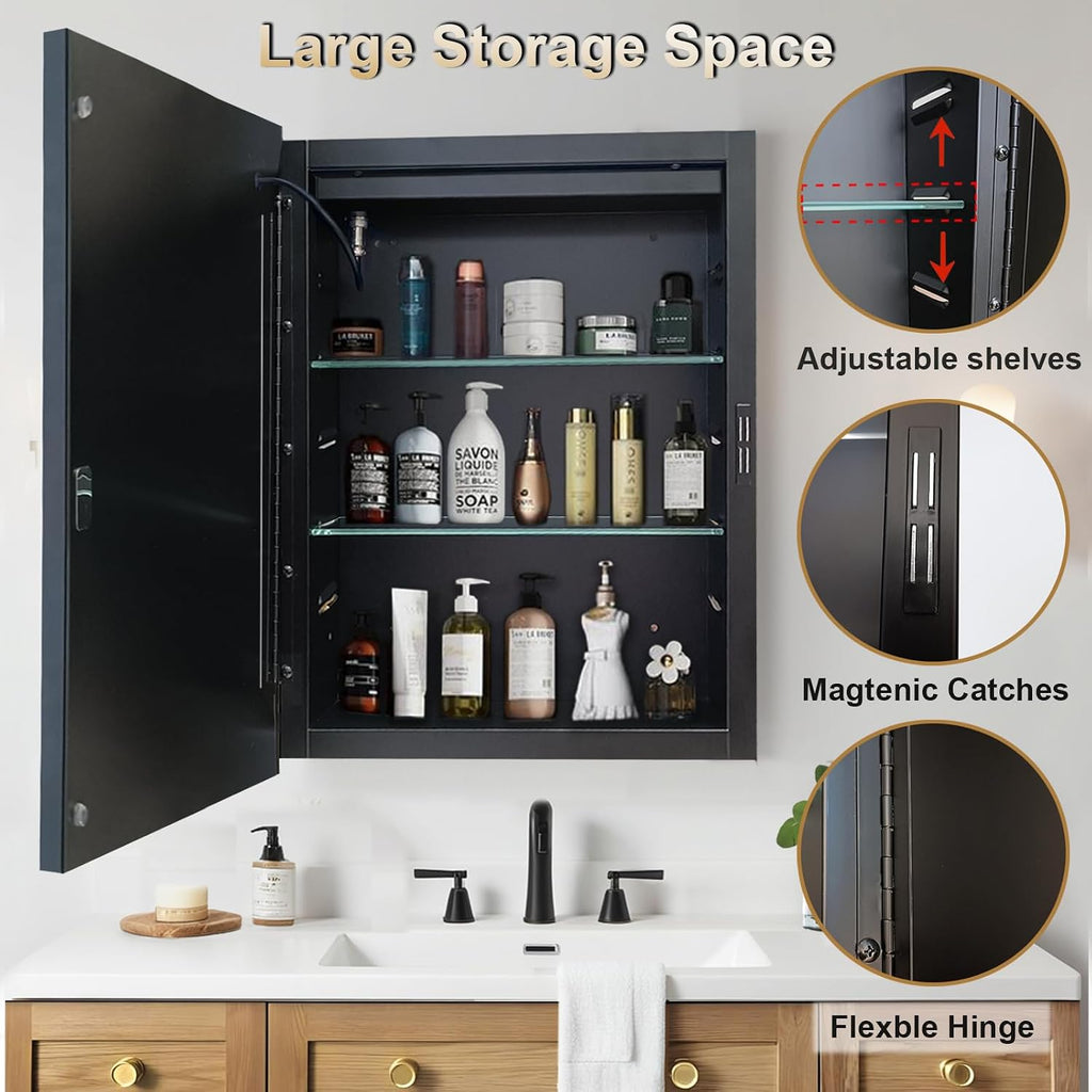 LED Lighted Medicine Cabinet with Mirror, Recessed or Wall Mounted Bathroom Mirror with Storage, Anti-Fog, 3-Color