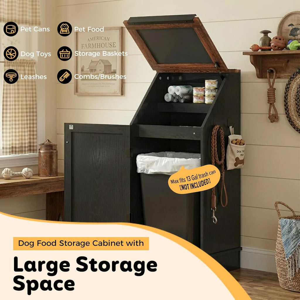 Dog Food Feeding Station with Storage, Pet Food Storage Cabinet with Bowls and Flip-Top Blackboard, Hidden Trash Can