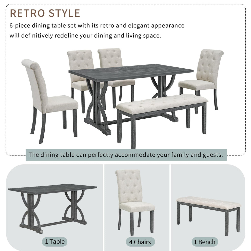 Farmhouse 6-Piece Wood Dining Table Set, 60'' Modern Rectangular Kitchen Table Set with 4 Upholstered Chairs & 1