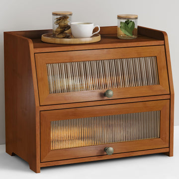 Wooden Countertop, Dark Wood Bread Storage Container made Bread, 2 Tier Roll Top Breadbox Holder Keeper for Sourdough
