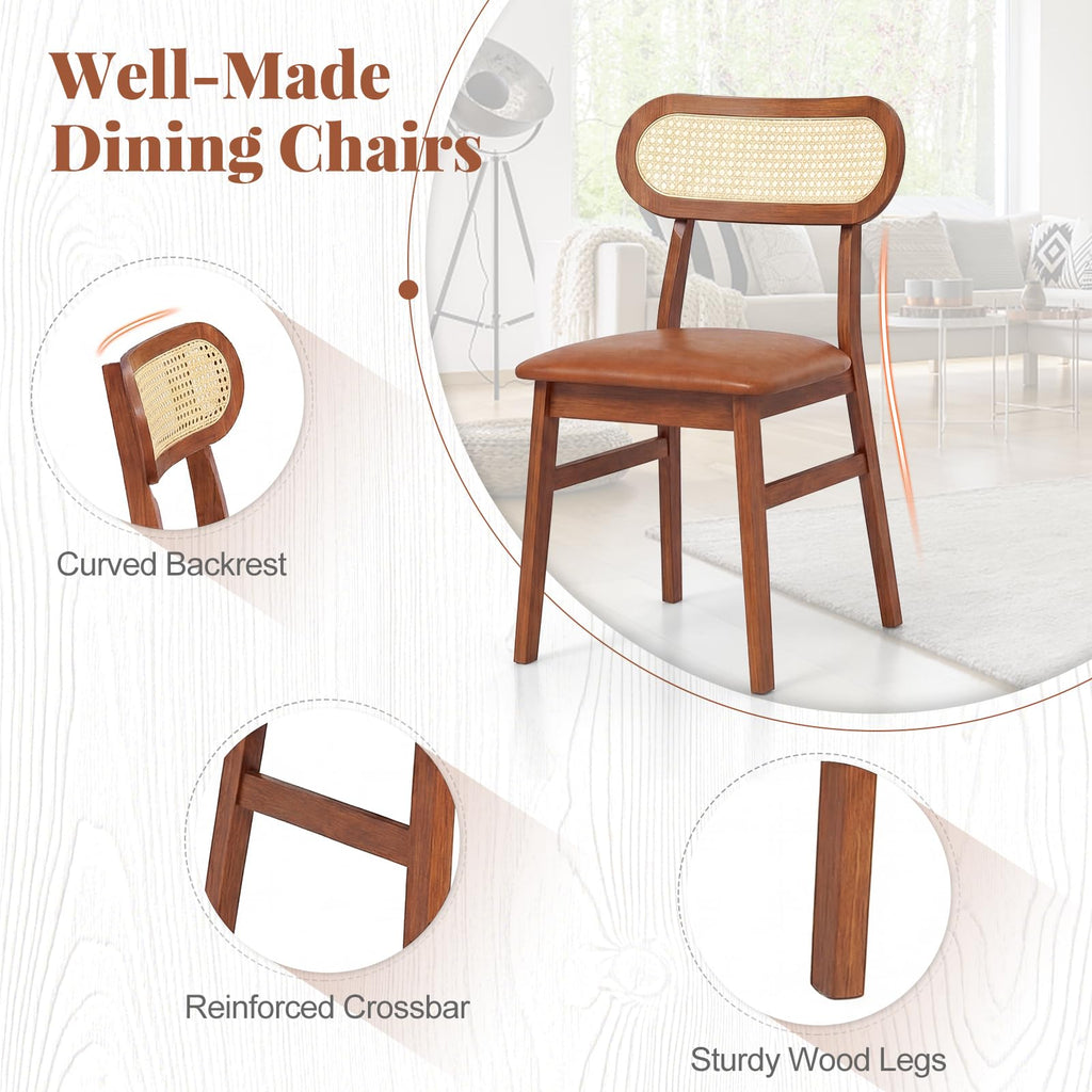 Wooden Dining Chairs Set of 2, Mid-Century Modern Kitchen Chairs with Upholstered Seat & Rattan Backrest, Faux