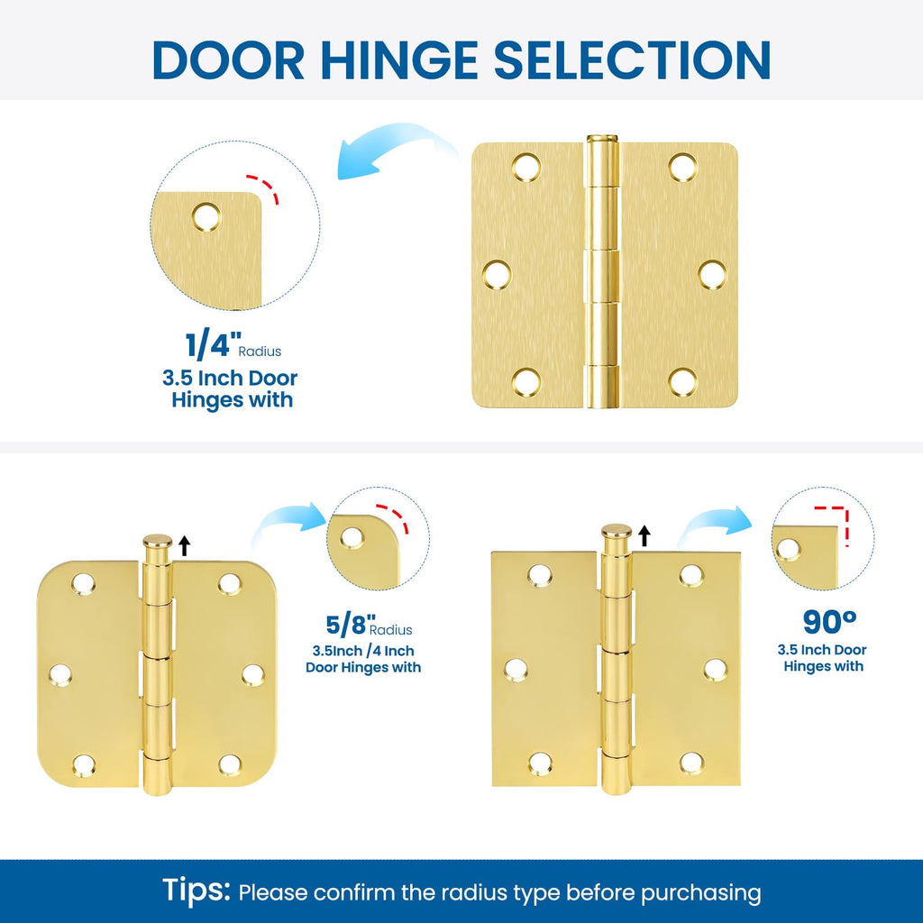 6 Pack Door Hinges Brushed Brass 3.5 Inch with 1/4" Radius Corners Rounded Satin Brass Interior Door Hinges 3 1/2"