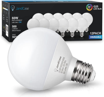 G25 LED Vanity Light Bulbs, Dimmable Globe, 5W(60W Equivalent), E26 Base, CRI 80, Daylight White 5000K, 500LM, UL