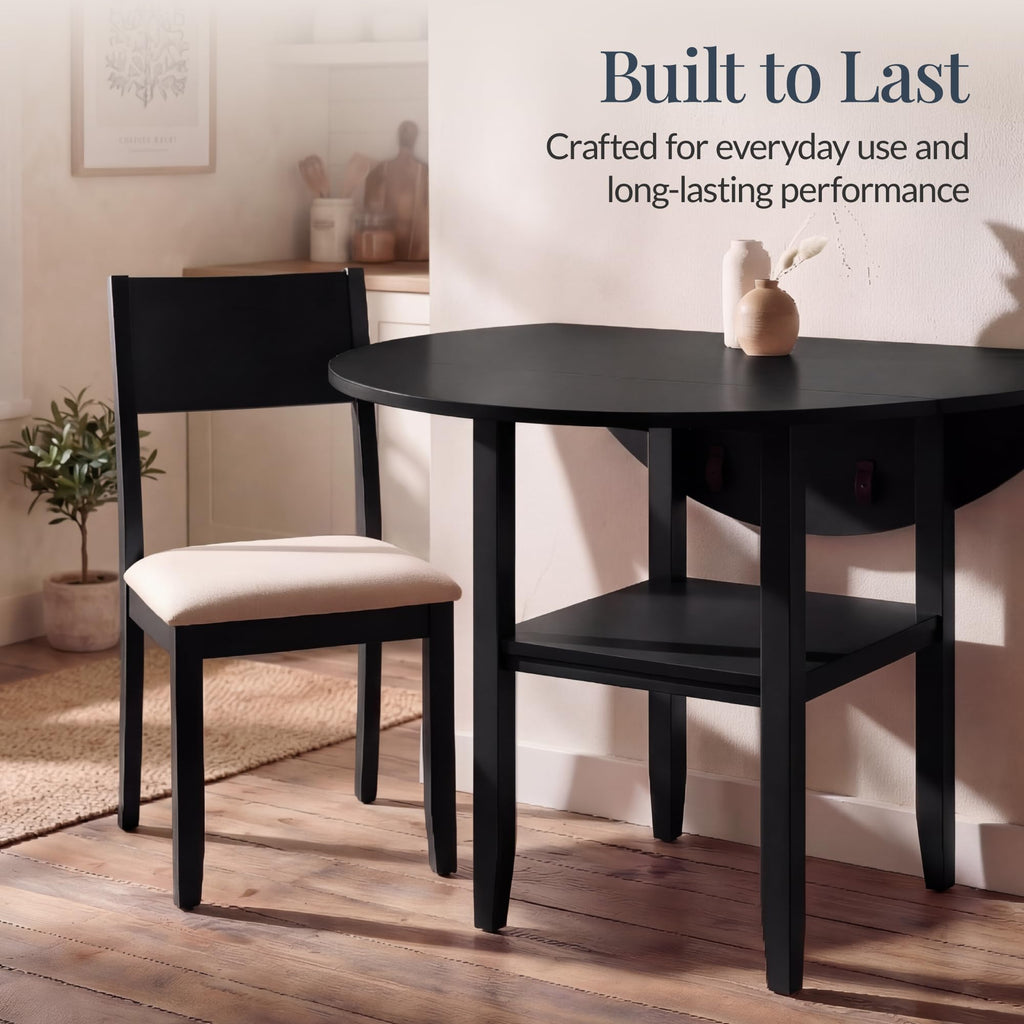 42" Round Drop Leaf Dining Table for 4, Solid Wood Expandable Small Dining Table W/Storage Shelf, Space Saving