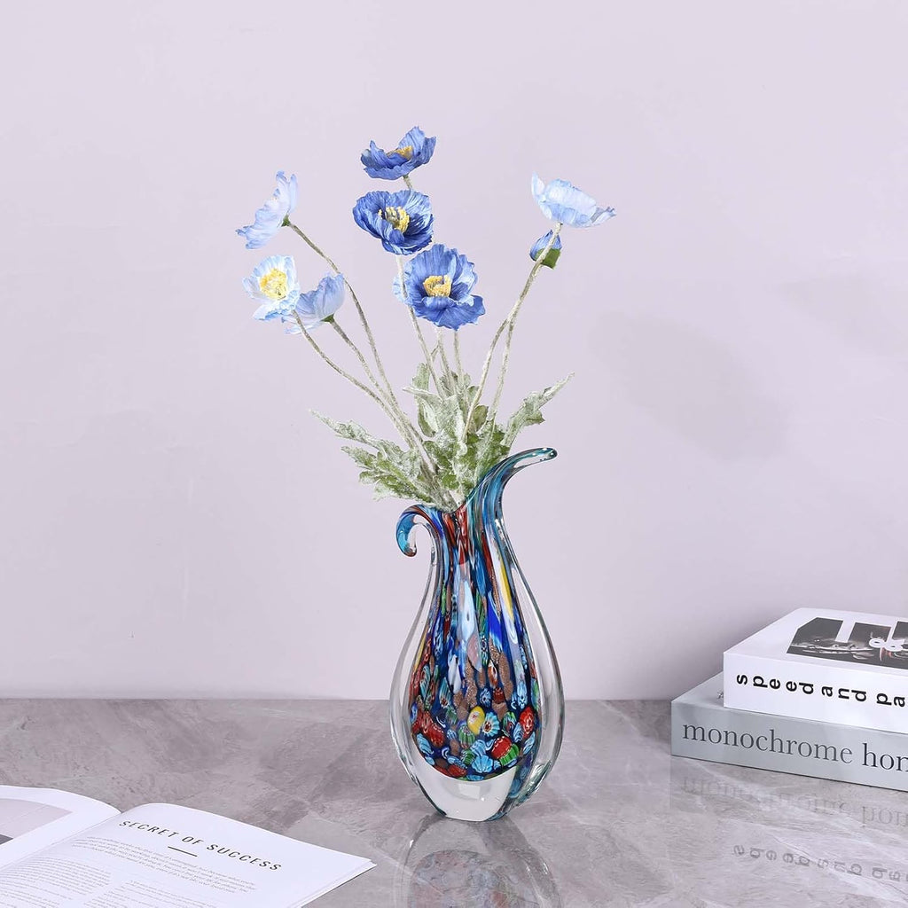 Hand Blown Glass Vase - Oval Decorative Art Glass for Centerpieces, Murano Inspired Decor, Entryway Table, or Shelf