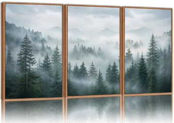 Large Misty Forest Framed Canvas Wall Art Set, Dark Green Pine Tree Artwork, Modern Nature Landscape Wall Decor