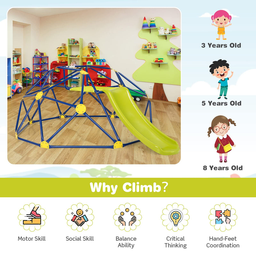 Climbing Dome with Slide, 8FT Jungle Gym Monkey Bar for Backyard, Outdoor Climbing Toys for Toddlers Playground