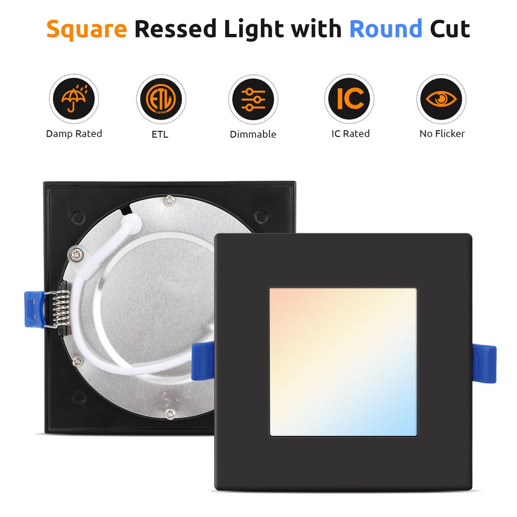 Square LED Recessed Lighting 4 Inch, 5CCT Ultra Thin Led Recessed Ceiling Lights 2 Pack, Selectable