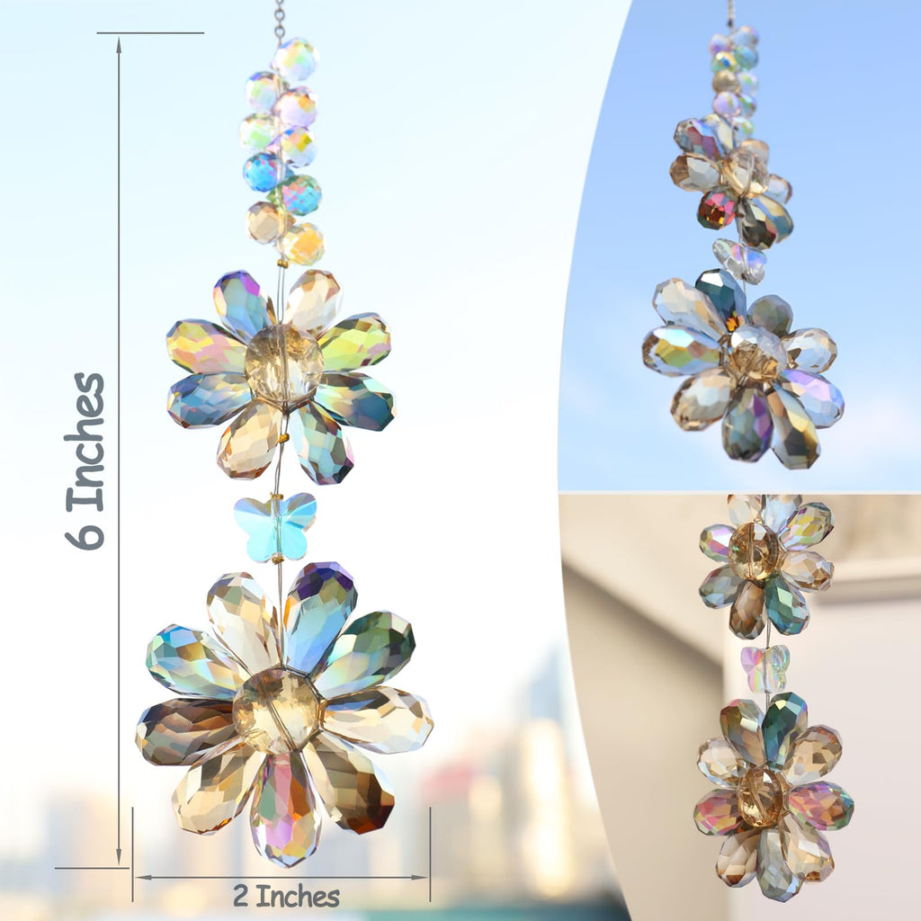 Crystal Flower Suncatcher Hanging Ornament, Window Indoor Outdoor Patio Garden Decor (Deep Multicolor)