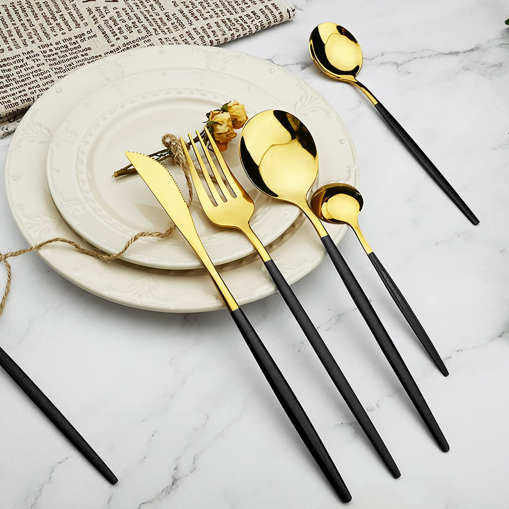 36-Pieces Silverware Mirror Polished Dinnerware Gold Flatware With Black Handle, 18/0 Stainless Steel Cutlery Set