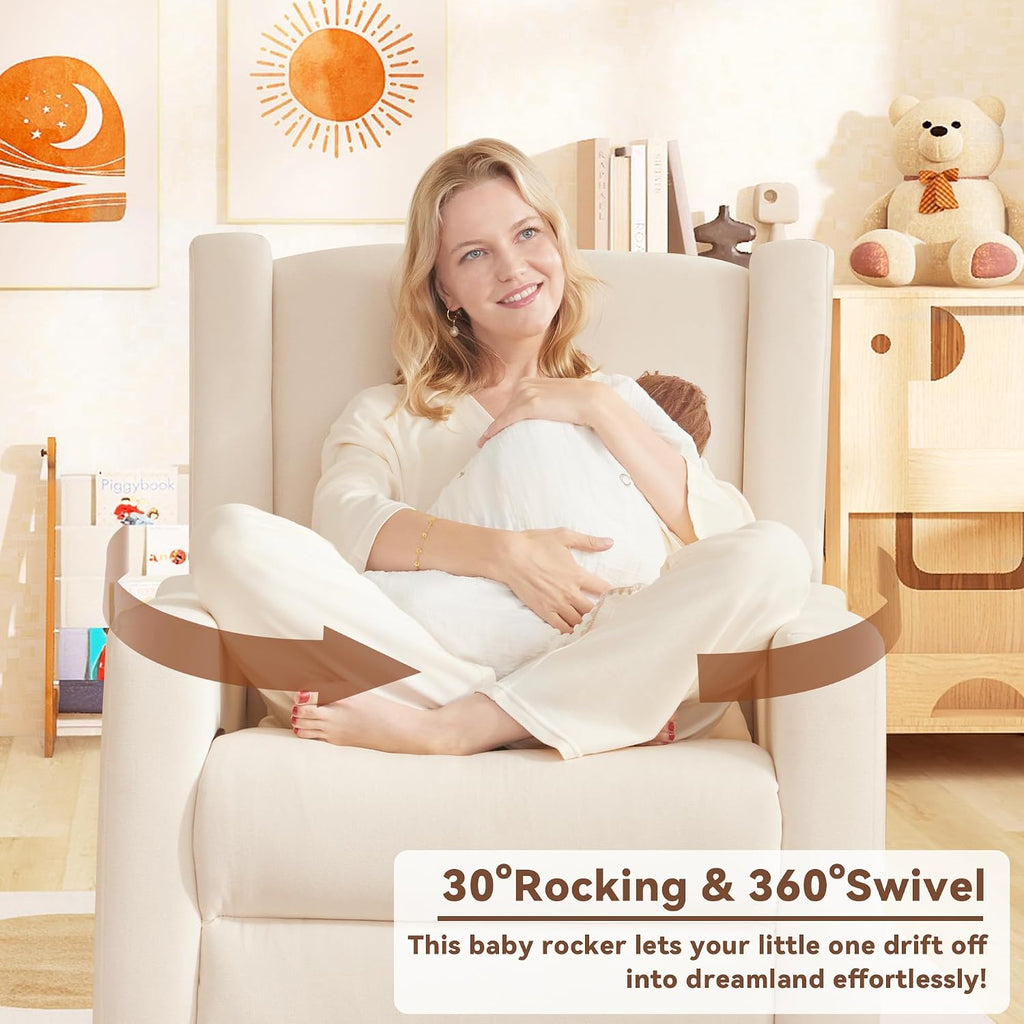 32" Nursery Rocking Chair, 360° Swivel Recliner Chair with Lumbar Support , Comfy Upholstered Armchair with Pillows &
