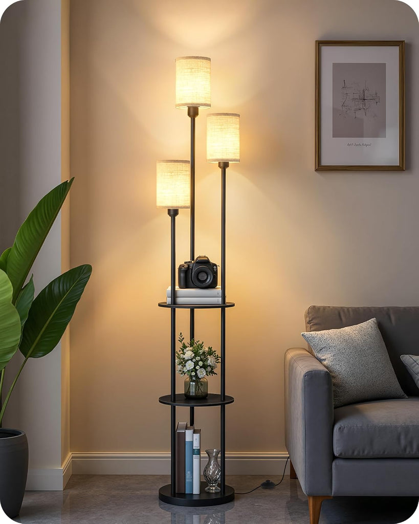 Floor Lamp with Shelves, Modern Floor Lamp with 3 Linen Shades and Foot Switch, 3-Light Standing Lam