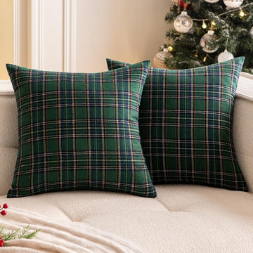 Christmas Euro Sham Plaid Throw Pillow Covers 22x22 Green Set of 2