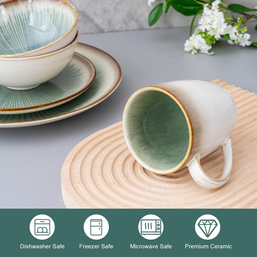 Dinnerware Set Green Stoneware 16 Pieces Service for 4, Stoneware Plates and Bowls Set Highly Chip Dishwasher