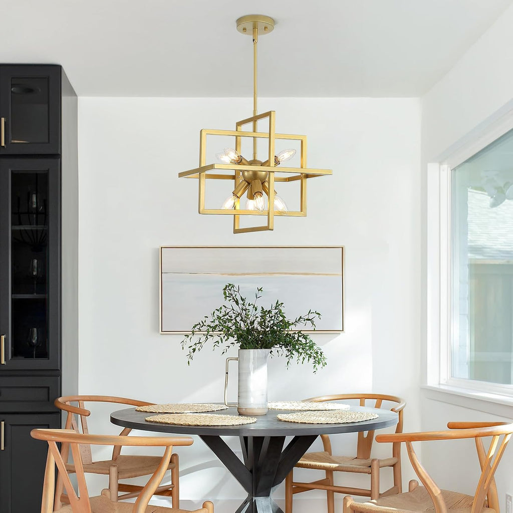 Modern Gold 8-Light Geometric Chandelier, Square Sputnik Pendant Light for Kitchen Island, Dining Room, Bedroom