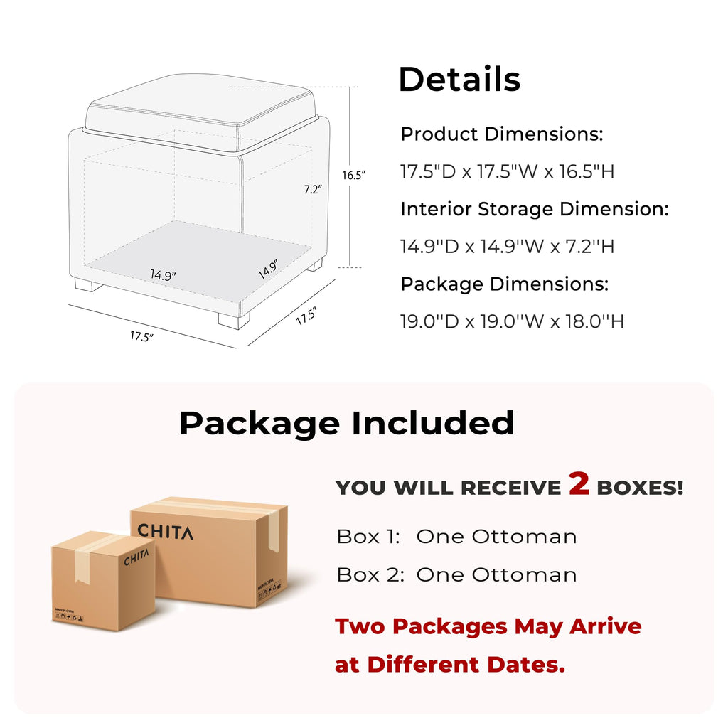 Storage Ottoman Cube with Tray Lid, Set of 2, Small Footstool with Storage, Square End Table, Faux Leather in Saddle