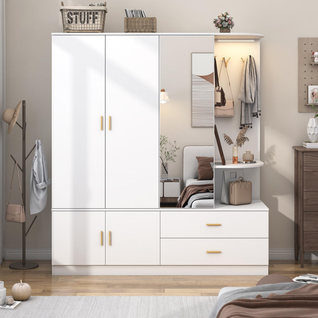 Armoire Wardrobe Closet with Mirror & Sensor Light, Bedroom Armoire with 5 Doors & 2 Drawers, Modern Wooden Large