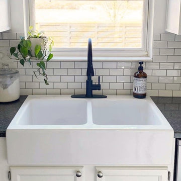 Parker 34 in White Fireclay Farmhouse Sink, Double Bowl | Quick-Fit drop-in apron front, no countertop removal