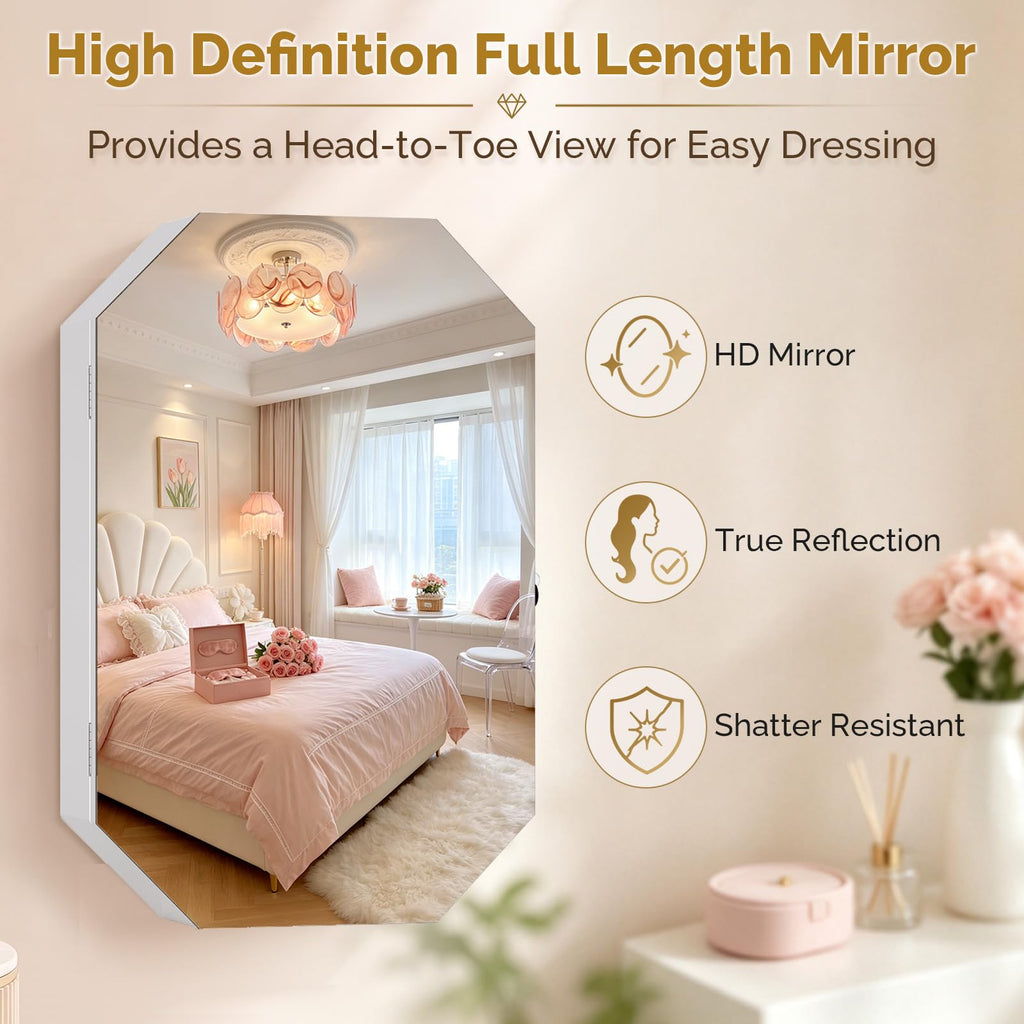 Modern Diamond-Shaped Jewelry Armoire, Lockable Octagonal Jewelry Cabinet Organizer with Mirror, Wall Mounted for