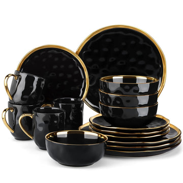 16 Pieces Plates and Bowls Sets, Porcelain Black and Gold Dinnerware Sets, Round Dinner Plates Dishes Set Service for