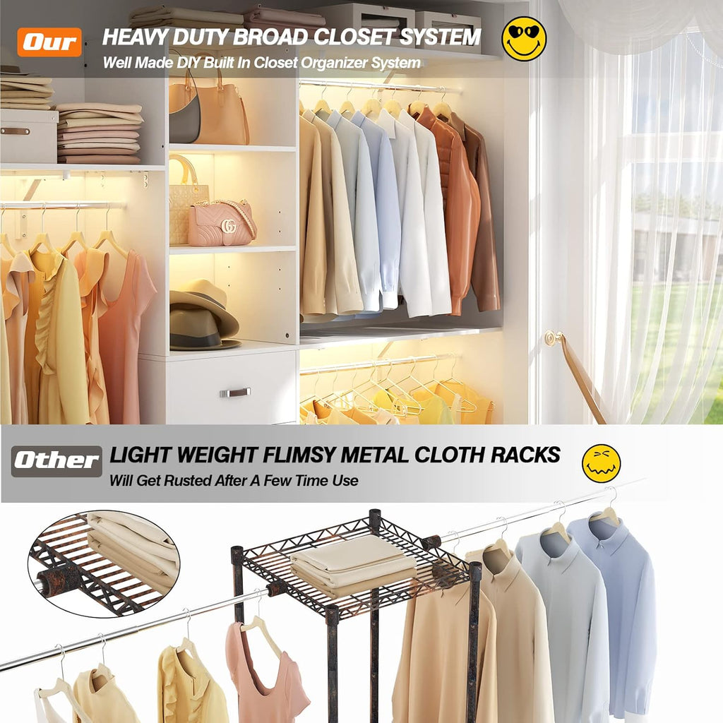 8FT Closet System, 96'' Closet Organizer System with 3 Hanging Rods, Wall Mount Bedroom Wardrobe with 3 Drawers