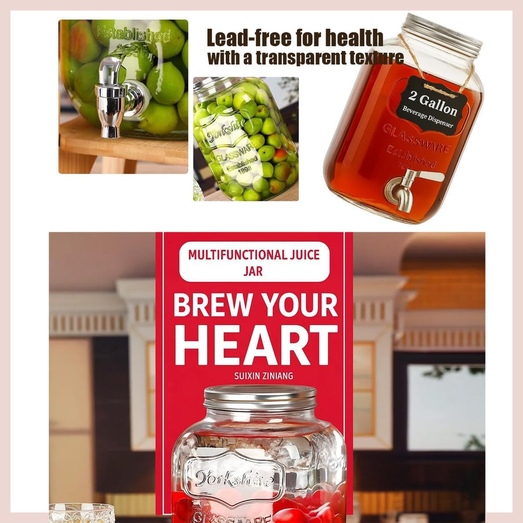 2 Gallon Christmas Drink Dispenser with 18/8 Stainless Steel Spigot - Glass Mason Jar for Sun Tea, Iced Lemonade