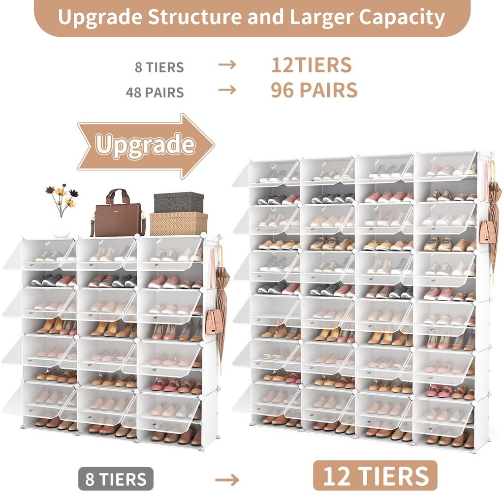 Shoe Storage Cabinet, 12-Tier Shoe Organizer 96 Pairs Extra Large Plastic Shoe Rack with Covers Portable Shoe Rack