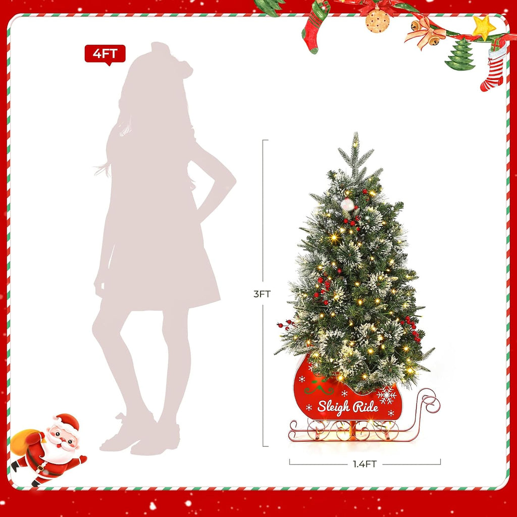 3FT Christmas Tree, Pre-Lit Artificial Christmas Trees with Lights, Small Xmas Trees with Sleigh Base & 78 Warm White