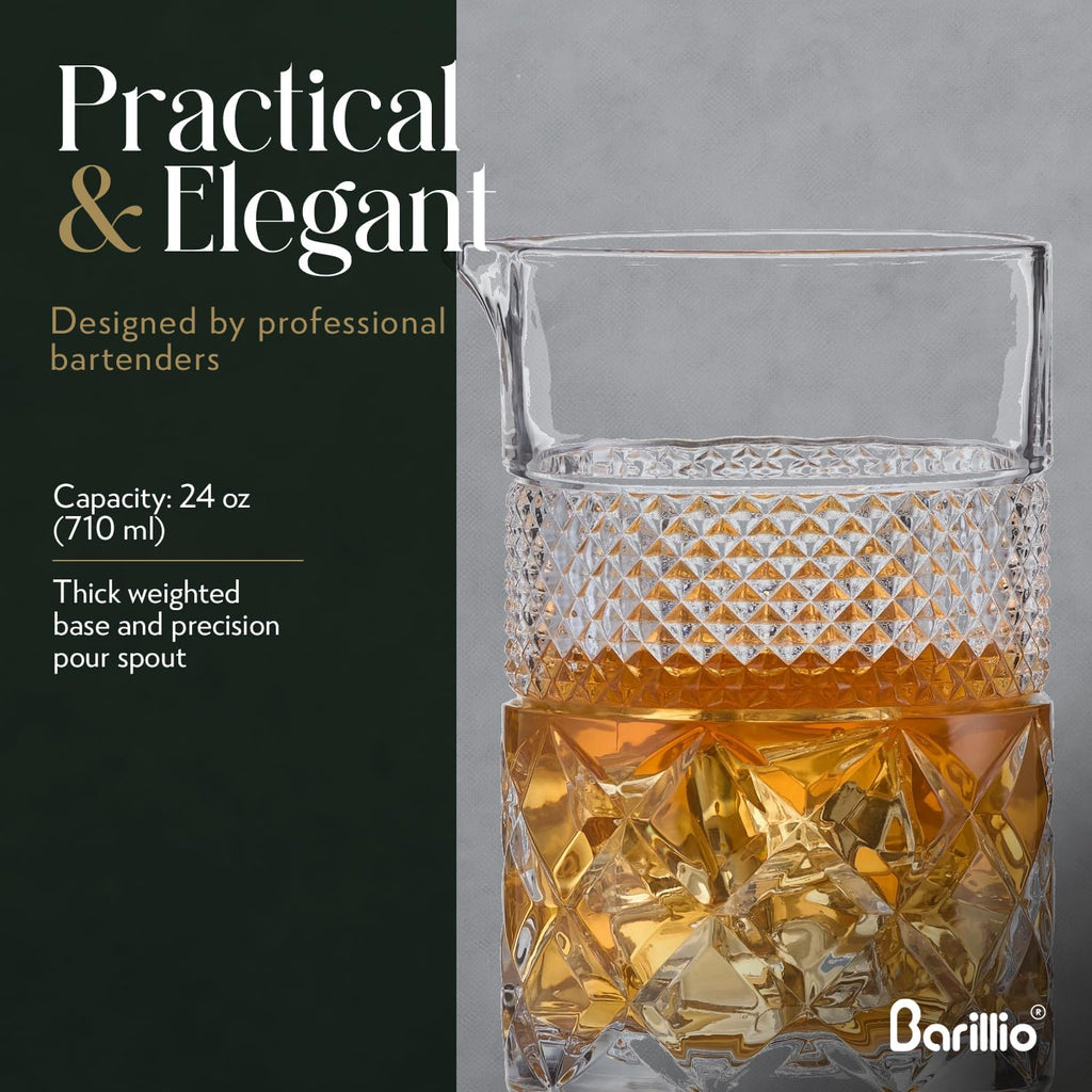Oz Crystal Cocktail Mixing Glass with Bamboo Stand & Bar Tools | Seamless Lead-Free Crystal, Weighted Base - Set of 7